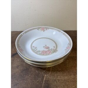 Crown Ming Windsor Jian Shiang 7.5" Coupe Soup Bowls Pink Roses Gold Trim Set 4